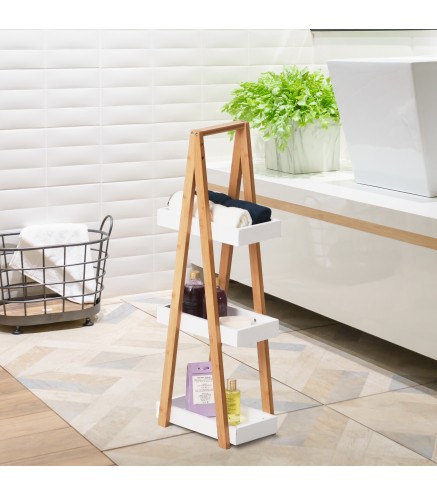 Estantería de Baño de Bambú con 3 Estantes Estantería de Almacenaje Estantería de Madera en Forma de A 30x18x81 cm Natural y Bla