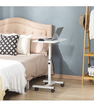 Mesa Auxiliar con Ruedas Mesita Lateral para Sofá Cama Altura Ajustable Marco de Metal y Frenos 60x40x52,5-84 cm Blanco