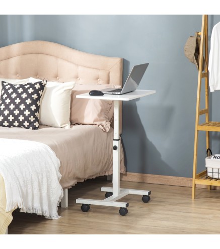 Mesa Auxiliar con Ruedas Mesita Lateral para Sofá Cama Altura Ajustable Marco de Metal y Frenos 60x40x52,5-84 cm Blanco