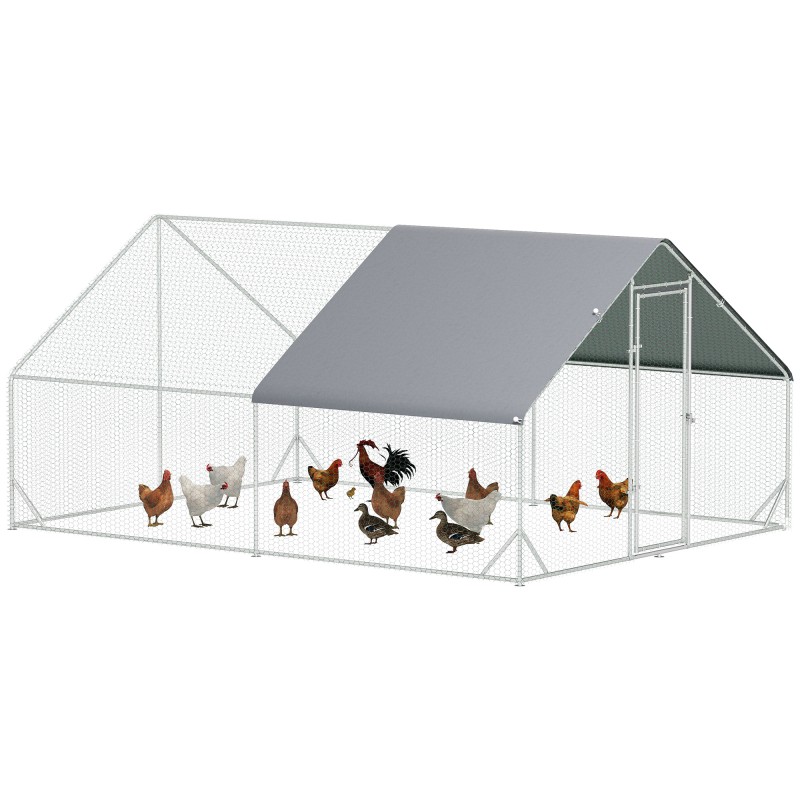 Gallinero para Exterior Jaula para Gallinas de Acero Galvanizado con Cubierta de PE y Cerradura 3x4x2 m Plata