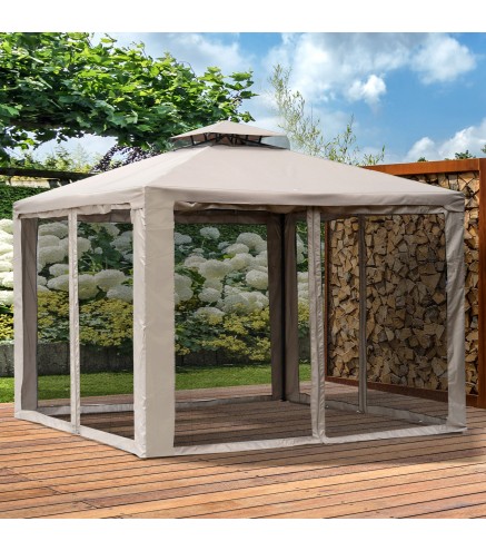 Cenador de Jardín 3x3 m Pabellón de Exterior con Doble Techo de Ventilación 4 Cortinas Mosquiteras Laterales con Cremallera 8 Or
