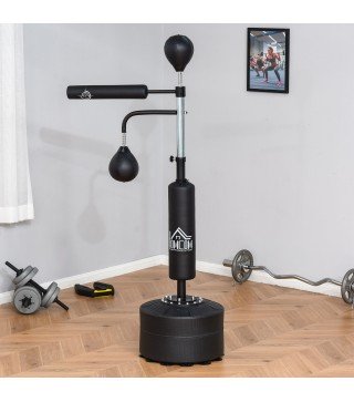 Saco de Boxeo de Pie 4 en 1 Ajustable en Altura con 2 Bolas Barra y Base Rellenable Agua o Arena 88x50x160-230 cm Negro