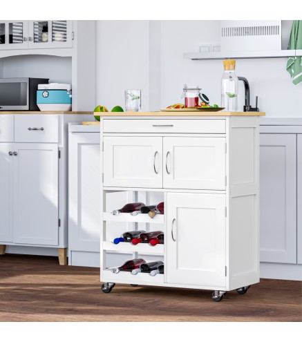 Carro de Servicio con Cajón 2 Armarios de Almacenaje y 3 Estantes Abiertos de 9 Botellas 67x37x87 cm Blanco