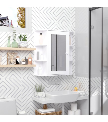 Armario de Baño con Espejo Mueble Colgante de Aseo con 1 Puerta 2 Estantes Interiores y 6 Estantes Laterales para Salón