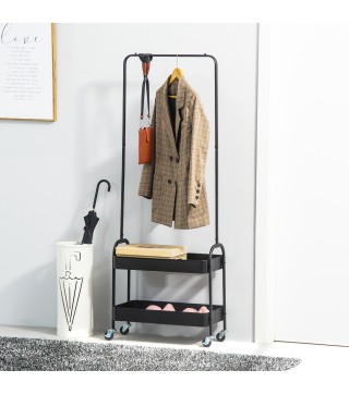 Perchero con Zapatero Perchero con Ruedas con Barra para Colgar y 2 Cestas para Entrada Dormitorio Salón 56,5x31,5x152,5 cm Negr