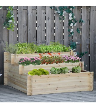Huerto Urbano Jardinera de Madera de 3 Niveles con Tela Geotextil para Cultivos Plantas Flores para Jardín Terraza Exterior 117x