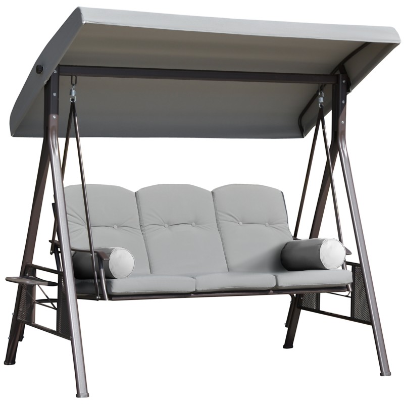 Columpio de Jardín de 3 Plazas con Estructura Metálica Toldo y Bandeja para Bebidas para Exterior 116x206x183 cm Gris Columpio de Jardín de 3 Plazas con Estructura Metálica Toldo y Bandeja para Bebidas para Exterior 116x206x183 cm Gris