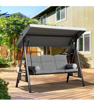 Columpio de Jardín de 3 Plazas con Estructura Metálica Toldo y Bandeja para Bebidas para Exterior 116x206x183 cm Gris
