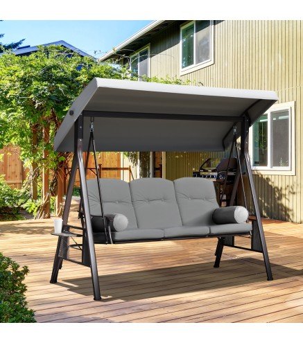 Columpio de Jardín de 3 Plazas con Estructura Metálica Toldo y Bandeja para Bebidas para Exterior 116x206x183 cm Gris