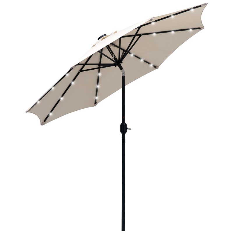 Parasol de Terraza Ø268x238 cm con 24 Luces LED Solar Mecanismo de Inclinación Manivela y Poste Desmontable Crema