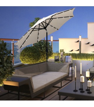 Parasol de Terraza Ø268x238 cm con 24 Luces LED Solar Mecanismo de Inclinación Manivela y Poste Desmontable Crema