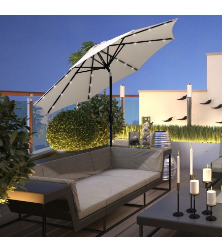Parasol de Terraza Ø268x238 cm con 24 Luces LED Solar Mecanismo de Inclinación Manivela y Poste Desmontable Crema