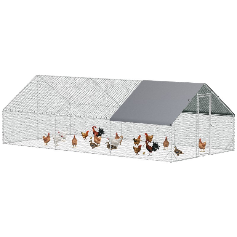 Gallinero para Exterior Jaula para Gallinas de Acero Galvanizado con Cubierta de PE y Cerradura 3x6x2 m Plata