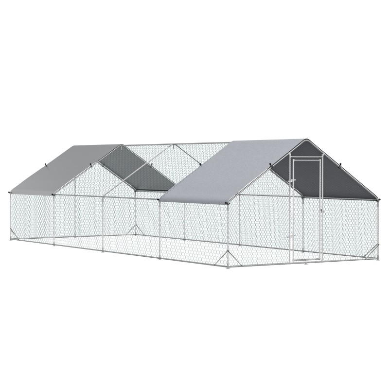 Gallinero para Exterior Jaula para Gallinas de Acero Galvanizado con Cubierta de PE y Cerradura 3x8x2 m Plata