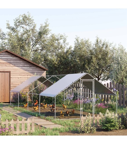 Gallinero para Exterior Jaula para Gallinas de Acero Galvanizado con Cubierta de PE y Cerradura 3x8x2 m Plata