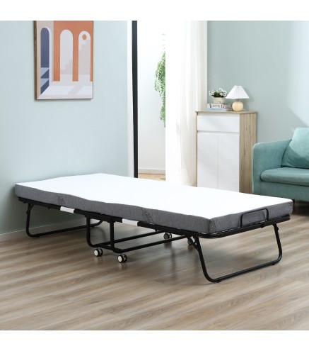 Cama Plegable 200x90 cm con 4 Ruedas, Cama de Camping Portátil, con Colchón Individual de 10 cm, Marco de Acero, Carga 150 kg, p