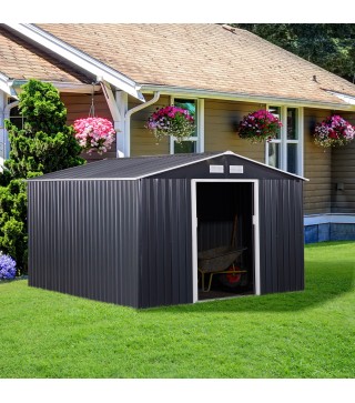 Cobertizo de Jardín 8,3 m² 277x322x192 cm con 2 Puertas Corredizas Base Refuerzo (Suelo NO Incluido) Gris