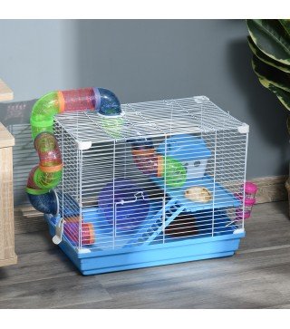 Jaula para Hámster, Casa para Hámster con Túnel, Cuenco, Bebedero, Casita, Rampa, Rueda de Ejercicio, Plataforma y Asa, Bandeja