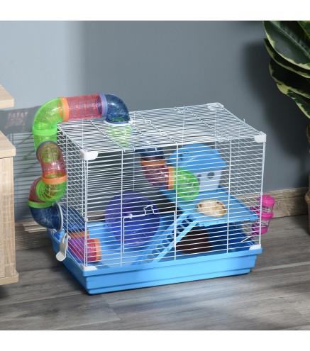 Jaula para Hámster, Casa para Hámster con Túnel, Cuenco, Bebedero, Casita, Rampa, Rueda de Ejercicio, Plataforma y Asa, Bandeja