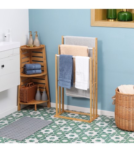 Toallero de Pie de Bambú con 3 Barras Toallero de 3 Niveles para Baño Lavadero 48x25,8x94 cm Natural