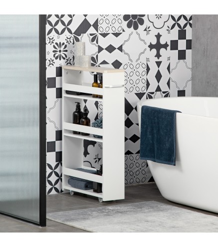 Armario Auxiliar de Baño Carrito con 3 Estantes y Ruedas para Espacios Estrechos 50x13x67,5 cm Blanco