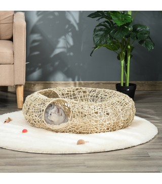 Cama para Gatos de Ratán 78x69x22 cm Cesta para Gatos Rolliza con Cojín Suave 3 Orificios de Acceso Túnel para Gatos Madera Natu
