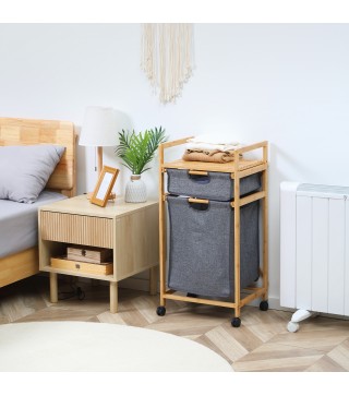 Cesto para Ropa Sucia Cesta para la Colada de Bambú con 2 Bolsas de Tela Extraíbles y Ruedas 42x35x84,5 cm Gris