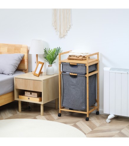 Cesto para Ropa Sucia Cesta para la Colada de Bambú con 2 Bolsas de Tela Extraíbles y Ruedas 42x35x84,5 cm Gris
