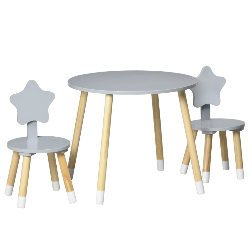 Juego de Mesa y 2 Sillas de Madera para Niños Mesa Redonda Ø59x50 cm y Sillas Ø28x51 cm Muebles Infantiles Gris