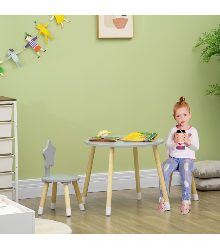 Juego de Mesa y 2 Sillas de Madera para Niños Mesa Redonda Ø59x50 cm y Sillas Ø28x51 cm Muebles Infantiles Gris