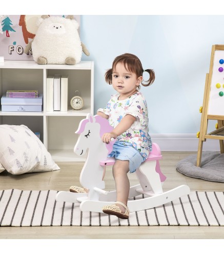 Caballito Balancín para Niños de 1-3 Años de Madera con Manillar y Pedales Carga 50 kg 68x27x46,5cm Blanco y Rosa