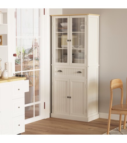 Alacena de Cocina Aparador Alto de Comedor con Vitrina Cajón y Armario con Puertas 76x40x182,5 cm Crema