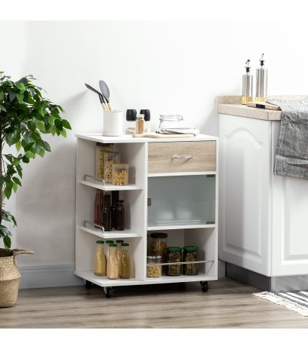 Carrito de Cocina Verdulero con 1 Cajón Puerta de Vidrio y Estantes Carro Auxiliar con Ruedas 65x39x80 cm Natural